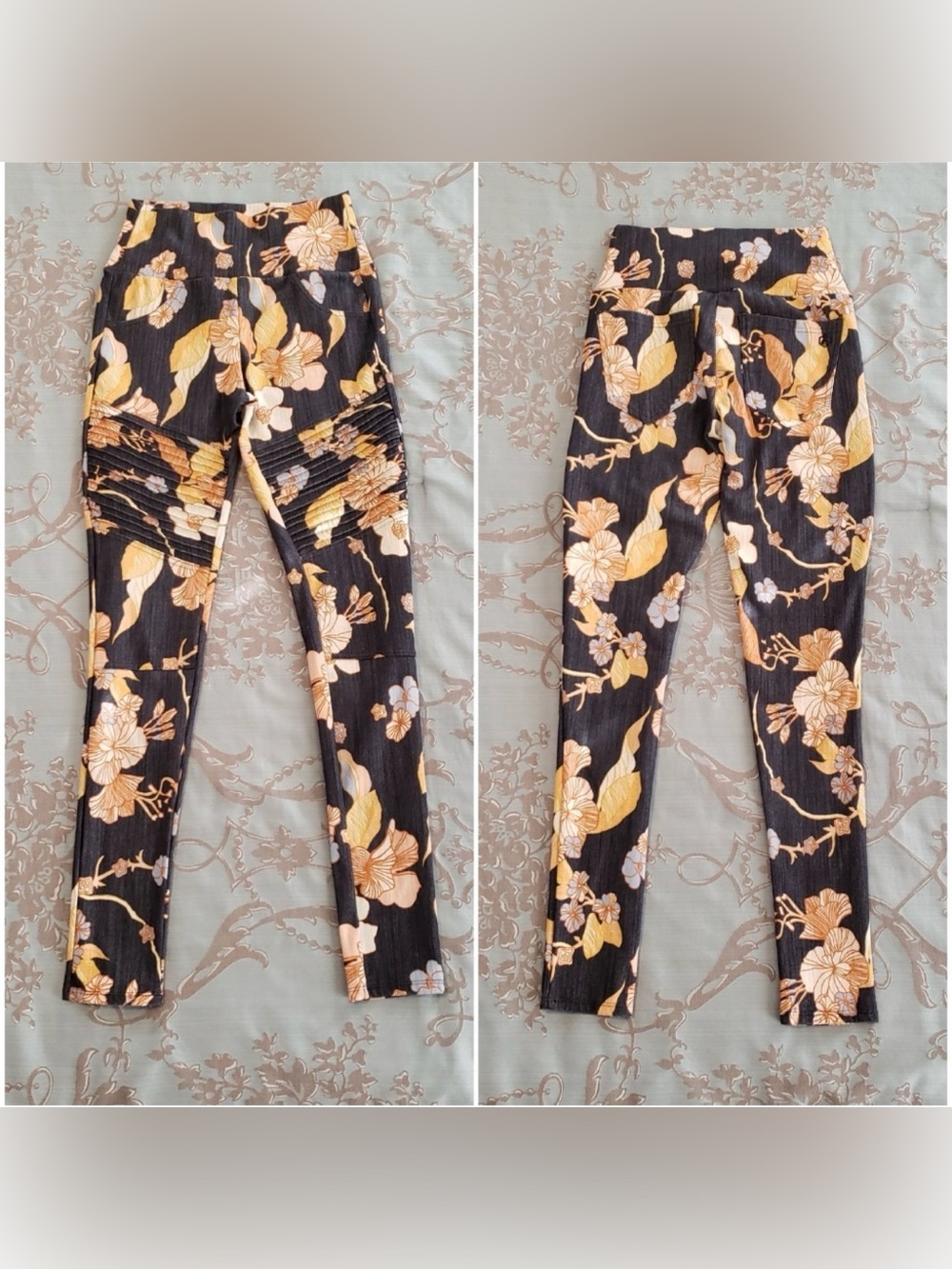 Agnes & Dora Black Yellow Orange Floral Print Moto Leggings Women Size Small